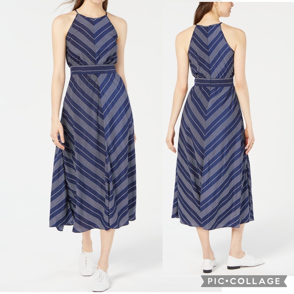 Maison Jules Blue Chevron Striped Cinched Waist Halter Flowy Maxi Dress Size 12